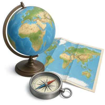 A globe, map, and compass representing geography.