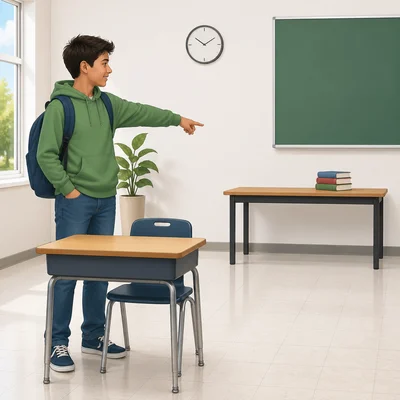 A student points to books on a far table, away from an empty nearby desk.