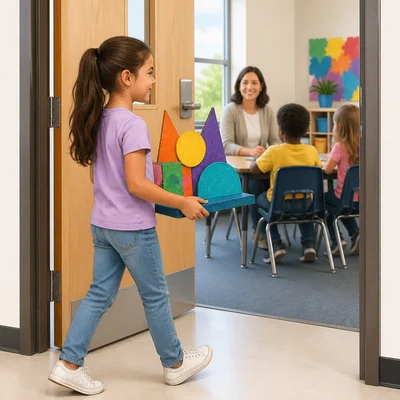 A girl carries her art project into a classroom.