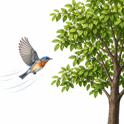 A bird flies toward a tree.