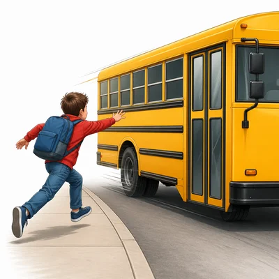 A child runs after a bus that is leaving.