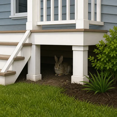 A rabbit hides under a raised porch.