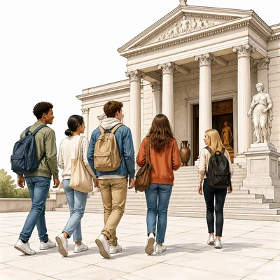 A group of students walks together toward a museum building.
