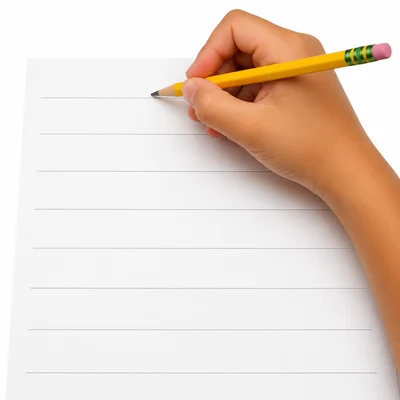 A student holds a pencil at the top of a blank worksheet.