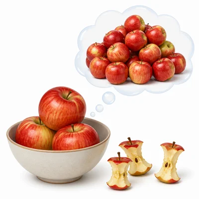 A small group of apples and apple cores is shown beside a larger imagined pile of apples.