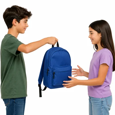 One student gives a blue backpack to another student.