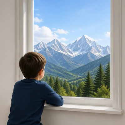 A child sees mountains through a window.