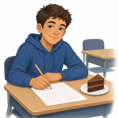 A relaxed student works on an exam beside a slice of cake.