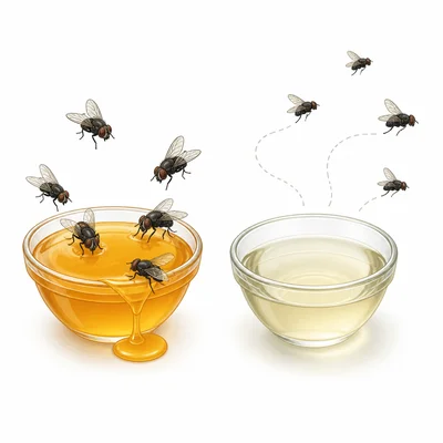 Flies gather near honey while avoiding vinegar.