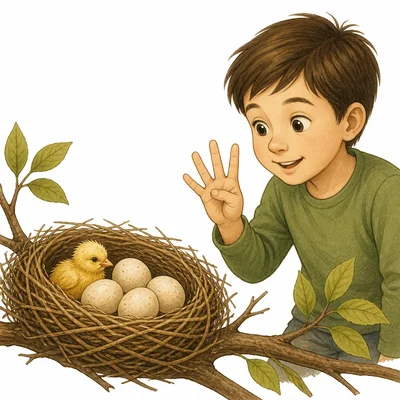 A child eagerly counts near a nest with eggs and one hatched chick.