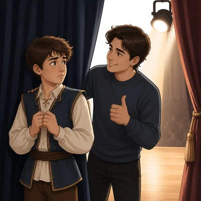A sibling encourages a nervous young actor backstage.