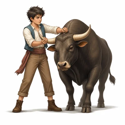 A person calmly takes hold of a bull by its horns.