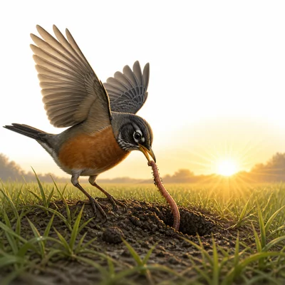 A bird catches a worm at sunrise.