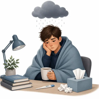 A sick student sits under a small rain cloud.