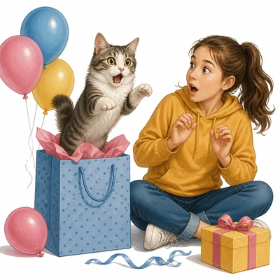 A cat jumps out of a bag as a student looks surprised.