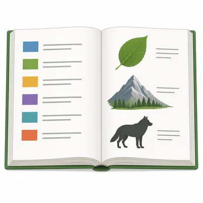 An open book with a table-of-contents-style list and topic pictures.