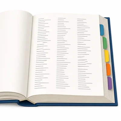 A book opened near the back to an index-style page with columns.