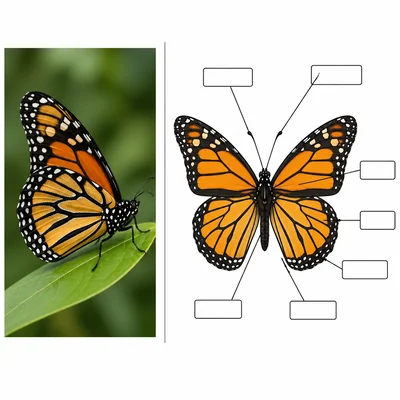 A butterfly photograph-style image beside a butterfly diagram with labels.