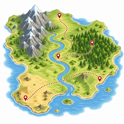 A colorful map showing land, water, mountains, forest, and a route.