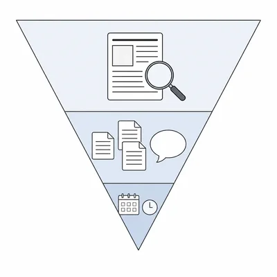 An inverted pyramid diagram divided into three sections representing news story structure.