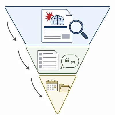 A wordless inverted pyramid diagram showing news information narrowing from top to bottom.