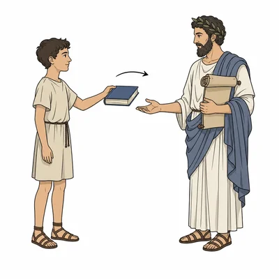 A boy gives a book to a poet.
