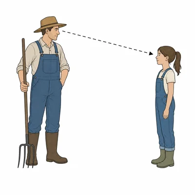 A farmer looks toward a girl, showing the action of seeing her.