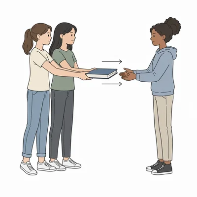 Two girls give a book to a friend.