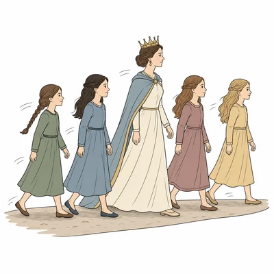 A queen walks together with several girls.
