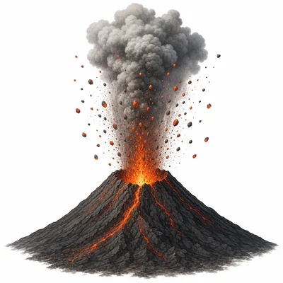 A volcano throwing ash and glowing rocks into the air.