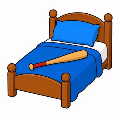 A bed with a baseball bat on it.