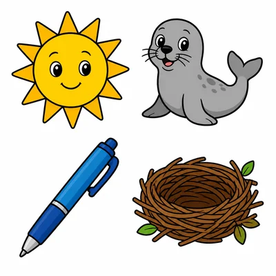Pictures of a sun, seal, pen, and nest.