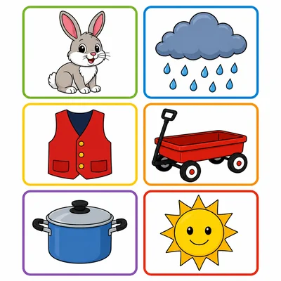 Picture pairs showing rabbit and rain, vest and wagon, and pot and sun.