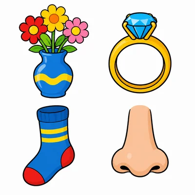 Pictures of a vase, ring, sock, and nose.