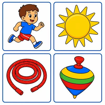 Pictures of running, sun, rope, and top.