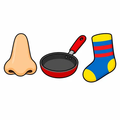 Pictures of a nose, a pan, and a sock.