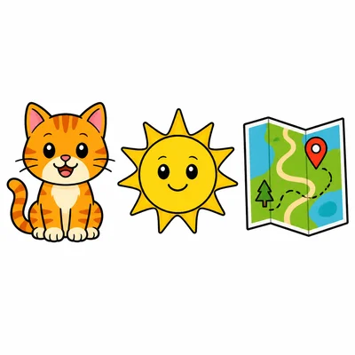 Pictures of a cat, sun, and map.