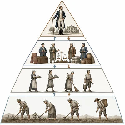 Pyramid diagram showing nobles, merchants, servants, and laborers in social layers.