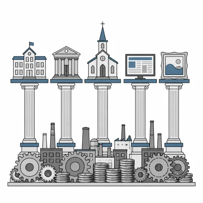 Diagram showing social institutions supported by an economic foundation.