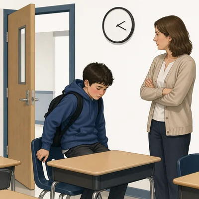 A student enters class late with a backpack on, flushed cheeks, and avoids the teacher's gaze.