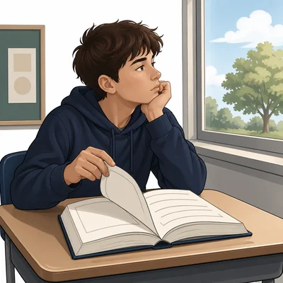 A student looks out the window while distracted from reading a book.