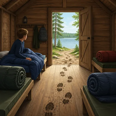 A camper sees rolled sleeping bags and muddy footprints leading toward a lake.