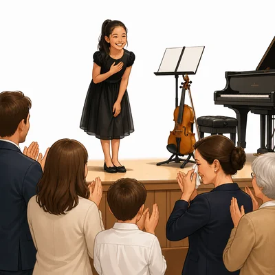 A smiling student bows as the audience applauds and a teacher wipes away tears.