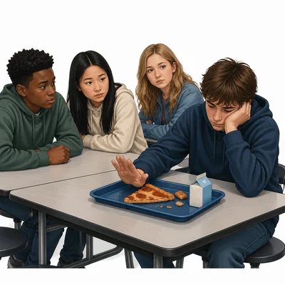 A student looks tired or upset at lunch, with uneaten pizza pushed away.