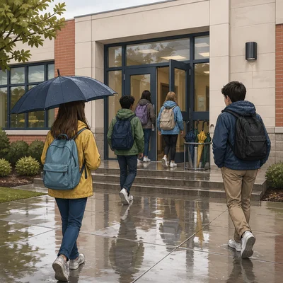 A wet school entrance with dripping umbrellas and rain-spotted jackets.