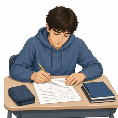 A focused student carefully underlines directions on a test.