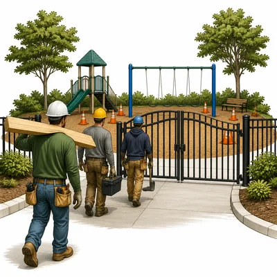 A playground is closed off with cones while workers carry repair tools.