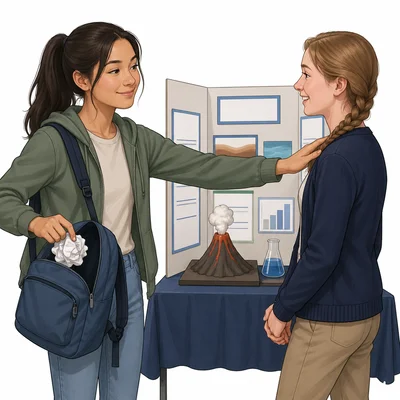 A student congratulates another but crumples her own score sheet.