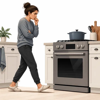 A person anxiously paces near an oven while waiting for dinner.