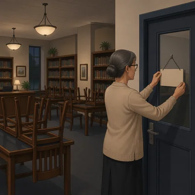 A dim library with chairs stacked on tables as a librarian closes up.